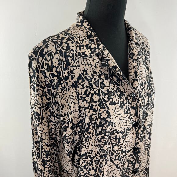 Vintage STUDIO A Tan & Black Floral 100% Silk Long Sleeve Blouse VTG Button-Up M - Picture 4 of 7